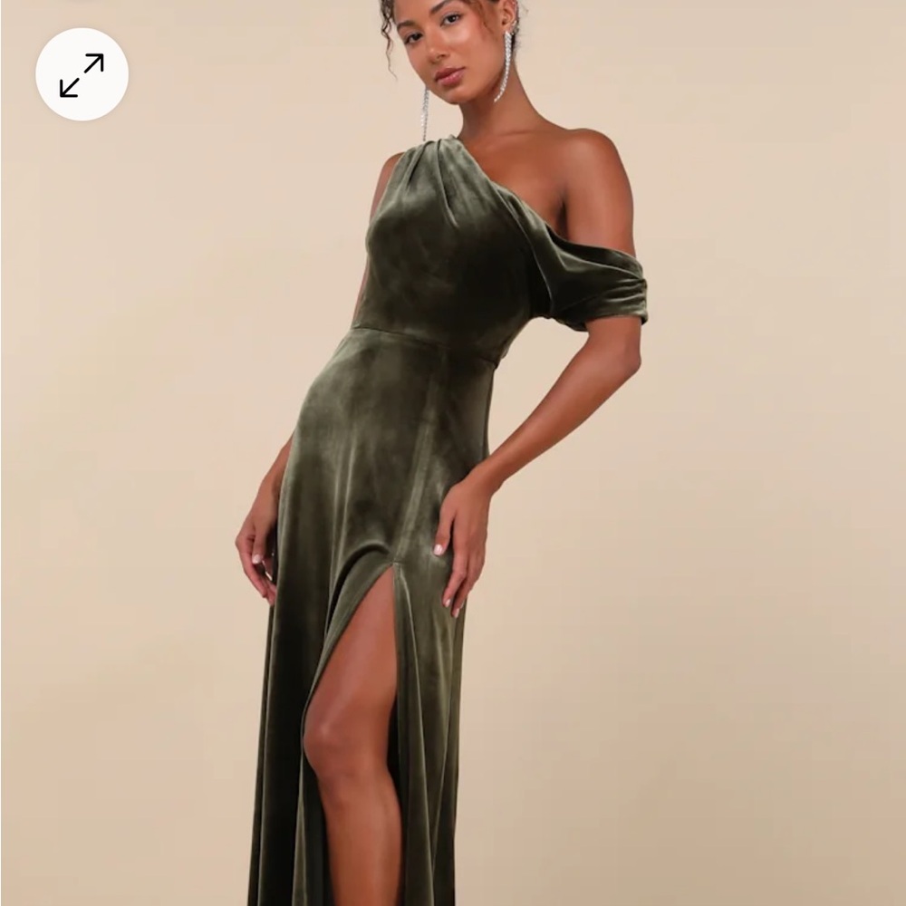 Lulus Coveted Confidence Olive Green Velvet Asymmetrical Maxi Dress Off Shoulder